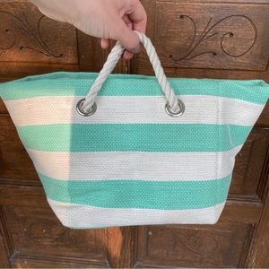 Striped decorative storage bag (blue & white) (turquoise & cream) Canvas w/ rope